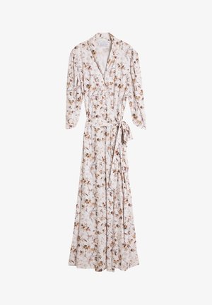 Blomstrete maxikjole i lett stoff, med knapping foran, lange ermer, innsnidd midje og en flytende skjørt med brune og beige mønstre.