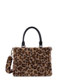 Borsa con stampa leopardata in pelliccia sintetica, con macchie marroni e nere, manici in pelle nera e tracolla removibile. Forma rettangolare.