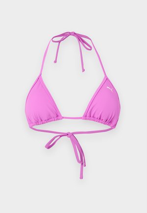 Ροζ μπικίνι τοπ τρίγωνο με ρυθμιζόμενους δεσμούς στον λαιμό και την πλάτη, με μικρό λευκό λογότυπο Puma σε ένα κύπελλο.