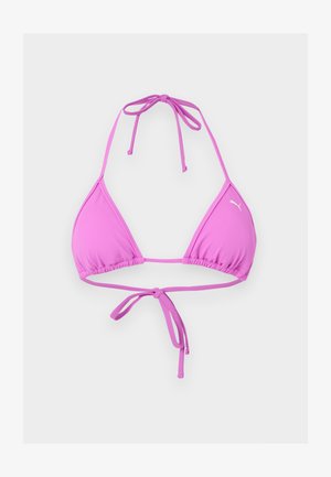Rosa trekant-bikinitopp med justerbare knytninger i nakken og på ryggen, med en liten hvit Puma-logo på den ene koppen.