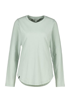 Hellgrünes Langarmshirt mit Rundhalsausschnitt, leicht abgerundetem Saum und figurbetontem Schnitt, vor weißem Hintergrund präsentiert.