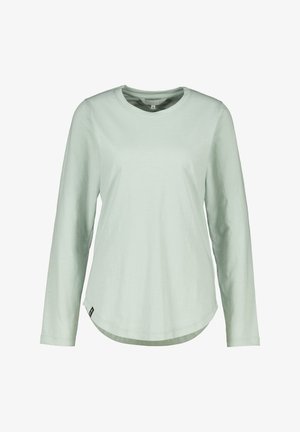 Light green long-sleeve crew neck shirt with a slightly rounded hem and fitted cut, displayed against a white background.