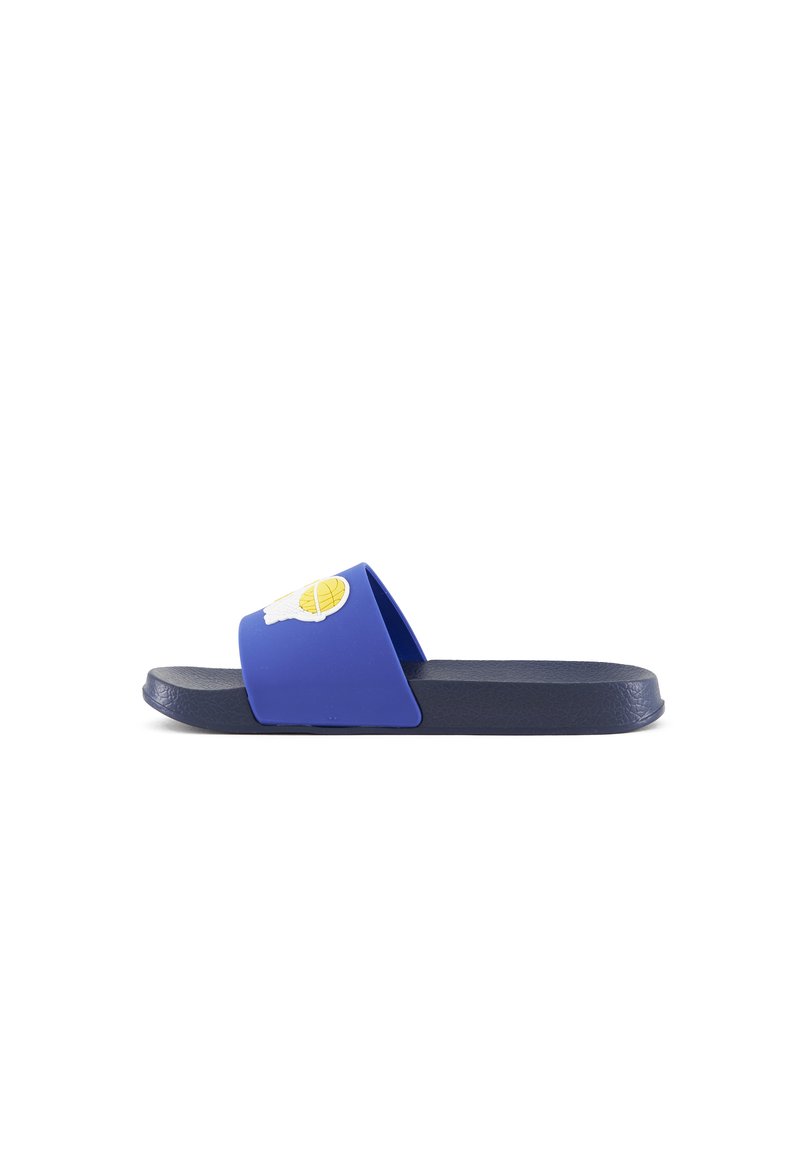 Blue rubber slide sandal with a wide strap featuring a white and yellow graphic on the top. Flat sole in dark blue with textured finish.