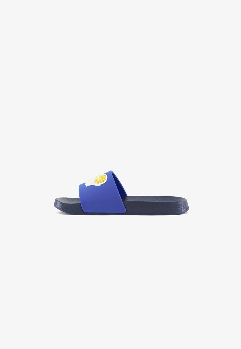 Blue rubber slide sandal with a wide strap featuring a white and yellow graphic on the top. Flat sole in dark blue with textured finish.