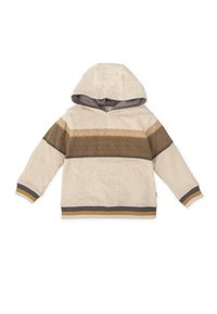 Sudadera beige con un patrón a rayas en gris y marrón, con capucha, mangas largas y puños y bajo acanalados. Tejido suave y texturizado.