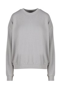 Sudadera gris con cuello redondo, hombros caídos, puños y dobladillo acanalados. Textura suave con un ajuste relajado y un diseño minimalista.