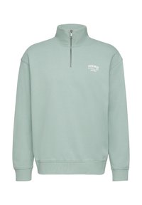 Light green zip-neck sweatshirt with long sleeves, ribbed cuffs, and hem; features a small white logo on the chest. Soft cotton material.