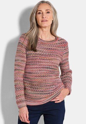 Gestrickter Pullover mit mehrfarbigen Mustern in Pink, Rot und Grün. Er hat einen runden Halsausschnitt und gerippte cuffs mit einem lockeren Schnitt.