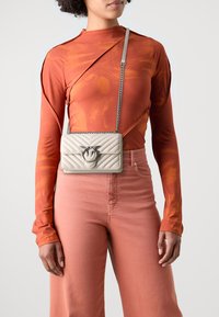 Borsa a tracolla leggera grigia trapuntata con catena, dotata di una chiusura decorativa. Il modello indossa un top color ruggine e pantaloni rosa chiaro.
