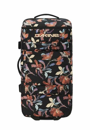 Schwarzer Rollkoffer mit mehrfarbigem Blumenmuster, Markenname Dakine vorne, zwei horizontale Griffe und seitlicher Riemen.