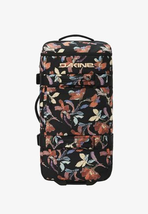Schwarzer Rollkoffer mit mehrfarbigem Blumenmuster, Markenname Dakine vorne, zwei horizontale Griffe und seitlicher Riemen.