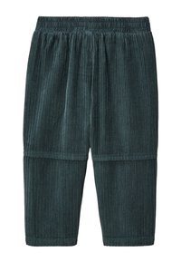 Pantalon en velours côtelé vert avec une taille élastique et une surface texturée et rainurée. Il a une longueur cropped et est conçu avec deux panneaux.