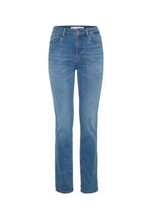 Jeans in denim blu chiaro con taglio dritto, dotati di tasche frontali, chiusura con bottone e leggera scoloritura per texture.