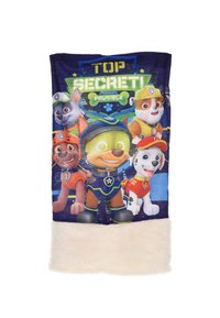 Fleece dekentje met cartoonfiguren uit een kinderprogramma, blauw en paars ontwerp, witte harige onderrand, tekst "TOP SECRET!".