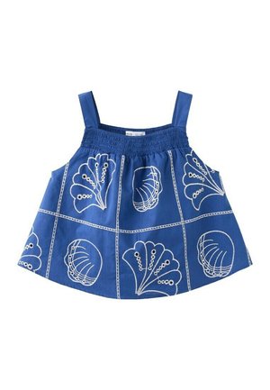 Haut sans manches bleu pour tout-petit avec motifs de coquillages et d'éventails brodés en blanc, encolure smockée élastique et larges bretelles.