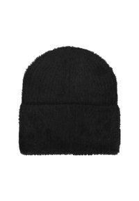 Căciulă neagră din tricot pufos, cu margine pliată, prezentată pe un fundal alb.