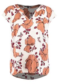 Blouse légère à manches courtes blanche avec un grand motif floral orange et bordeaux, décolleté en V et ourlet légèrement arrondi.