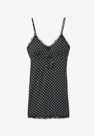 Czarna sukienka na ramiączkach z cienkimi paskami, białym wzorem w serduszka, koronkową lamówką na dekolcie i dole oraz wiązaniem z przodu na wysokości biustu.