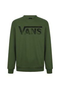 Sudadera verde hecha de una mezcla de algodón, con un gran logo negro de "VANS" en el pecho, cuello redondo y mangas largas con puños acanalados.