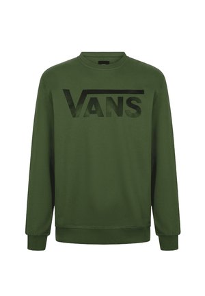 Zielona bluza wykonana z mieszanki bawełny, z dużym czarnym logo "VANS" na piersi, okrągłym dekoltem i długimi rękawami wykończonymi ściągaczami.