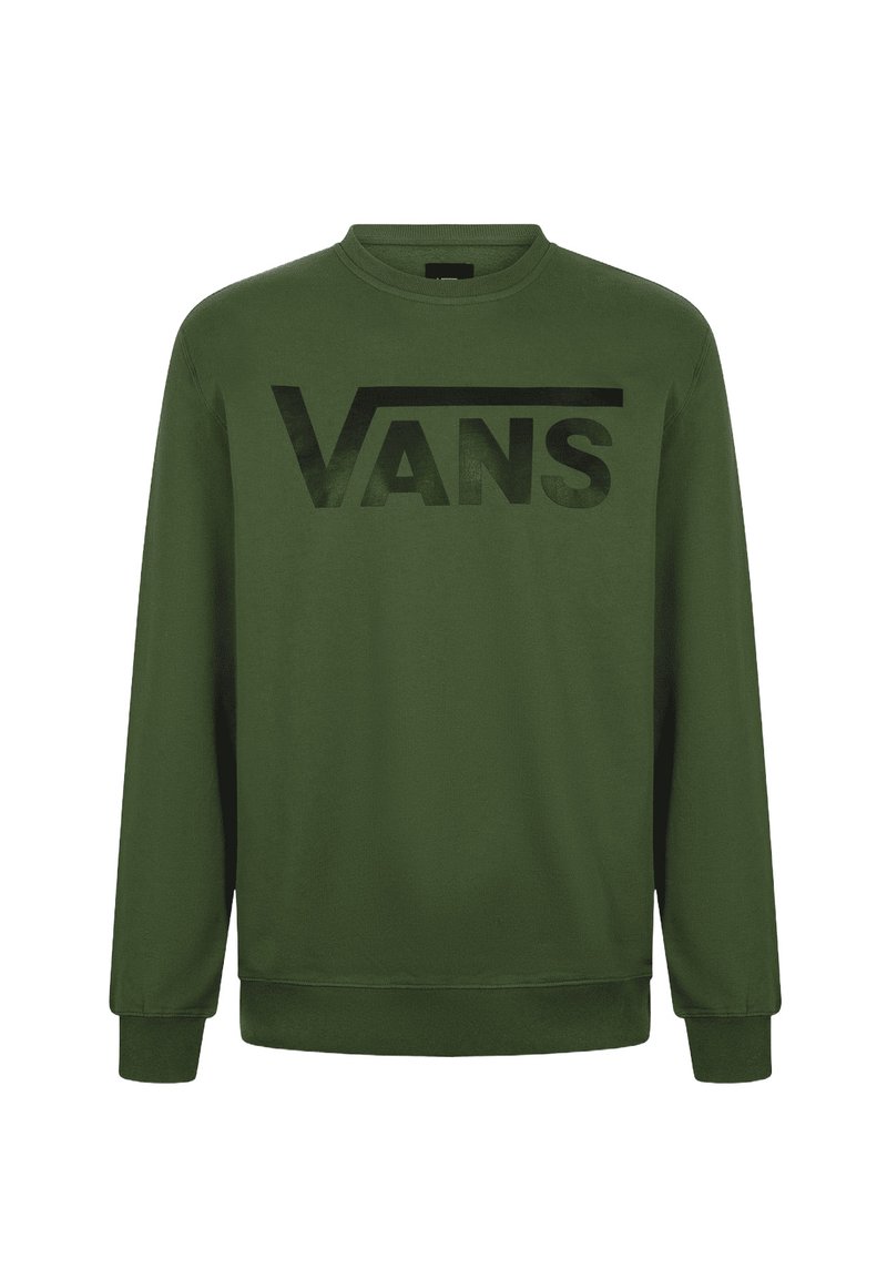 Sudadera verde hecha de una mezcla de algodón, con un gran logo negro de "VANS" en el pecho, cuello redondo y mangas largas con puños acanalados.