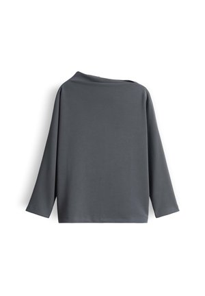 Graues Langarmoberteil mit weitem Ausschnitt und lockerer Passform. Hergestellt aus weichem Stoff mit glatter Textur, ohne Muster oder Verzierungen.