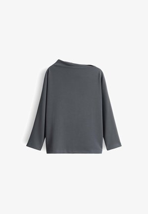 Gray long-sleeve top featuring a wide neckline and relaxed fit. Made of soft fabric with smooth texture, no patterns or embellishments.