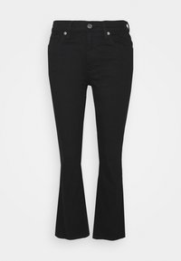 Jeans pretos em corte boca-de-sino, fabricados em denim, com fecho de botão, apresentando passantes para o cinto, dois bolsos frontais e um único bolso traseiro. Textura suave.