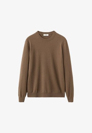 Brauner, gestrickter Pullover aus weichem Material, mit Rundhalsausschnitt, langen Ärmeln und einem entspannten Schnitt ohne sichtbare Muster oder Beschläge.