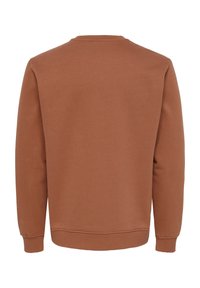 Απλό καφέ φούτερ με στρογγυλή λαιμόκοψη, εμφανιζόμενο από πίσω, με μακριά μανίκια και ριμπ μανσέτες και τελείωμα.