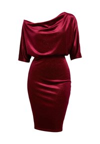 Robe en velours bordeaux mi-genoux avec un décolleté drapé épaules dénudées et des manches trois-quarts, cintrée à la taille et aux hanches.