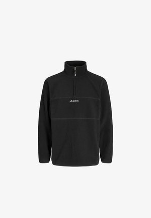 Mustmust villast pullover kõrge kraega, poolsiidise sulgemisega ja valge logoga rinnal. Pehme tekstuur ja lõdvestatud sobivus.