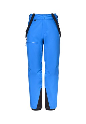 Blue outdoor pants made of waterproof material, featuring adjustable straps, a side zip pocket, black accents, and a loose-fit design.