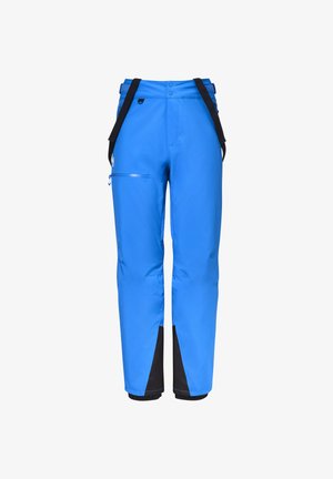 Blue outdoor pants made of waterproof material, featuring adjustable straps, a side zip pocket, black accents, and a loose-fit design.