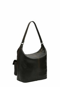 Czarna skórzana torba na ramię o zaokrąglonym kształcie, wyposażona w długi pasek, kontrastujące przeszycia oraz boczną kieszeń na dodatkowe przechowywanie.