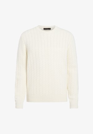 Weißer Kabelstrickpullover mit rundem Hals und gerippten Bündchen und Saum. Verfügt über ein strukturiertes Muster, das das gestrickte Erscheinungsbild verstärkt.