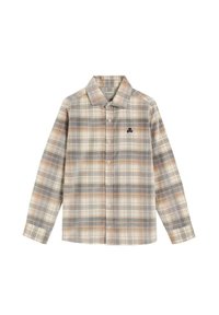 Camisa de cuadros con botones en tonos beige, azul claro y naranja. Mangas largas, cuello y pequeño logo oscuro en el pecho. Textura de tela suave.