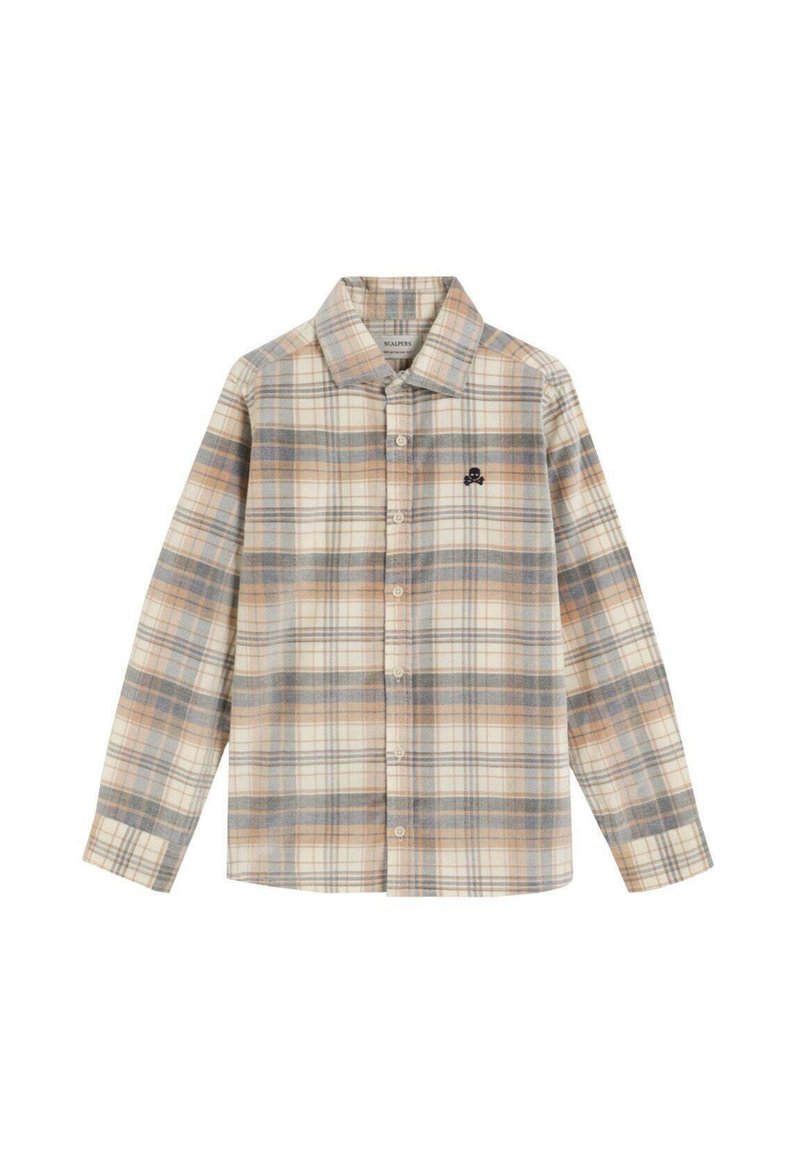 Camisa de cuadros con botones en tonos beige, azul claro y naranja. Mangas largas, cuello y pequeño logo oscuro en el pecho. Textura de tela suave.