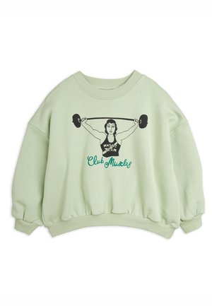 Lysegrøn sweatshirt med en grafik af en muskuløs person, der løfter en vægtstang, og teksten "Muscle Team" og "Club Muscles" på forsiden.