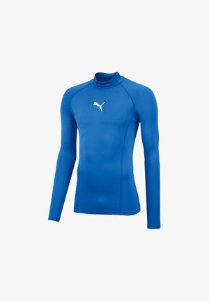 Langärmliges blaues Sporthemd aus dehnbarem Material, mit hohem Kragen und kleinem weißen Logo auf der Brust.