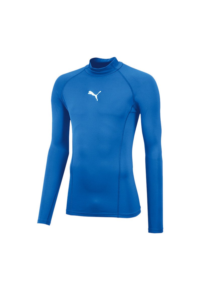 Langärmliges blaues Sporthemd aus dehnbarem Material, mit hohem Kragen und kleinem weißen Logo auf der Brust.