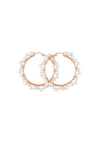 Roségoldene Creolen, verziert mit kleinen weißen Perlen, mit einer gedrehten Textur und offener Gestaltung, die Glanz und Eleganz ausstrahlen.