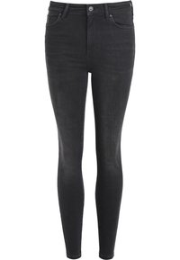 Svarta smala jeans i denim, med hög midja, fem fickor och en slät yta med minimal blekning och inga synliga dekorationer.