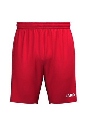 Rote Sportshorts mit elastischem Bund und JAKO-Logo am unteren rechten Bein, von vorne vor weißem Hintergrund gezeigt.