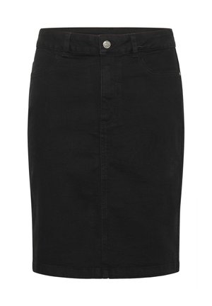 Black denim skirt featuring a straight cut, front button closure, two pockets, and stitched detailing along the seams.