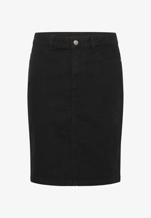 Schwarze Denim-Rock mit geradem Schnitt, vorderem Knopfverschluss, zwei Taschen und genähten Details entlang der Nähte.