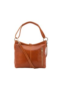Borsa a mano in pelle marrone con finitura lucida, dotata di un manico superiore unico e di una tracolla staccabile, oltre a una tasca esterna con zip.