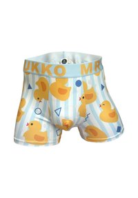 Farverige boxershorts med en lyseblå baggrund, mønster af gule gummiænder og en ensfarvet blå talje med gule bogstaver.