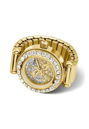 Orologio da polso color oro con lunetta impreziosita da cristalli, quadrante glitterato argento e oro, e cinturino elastico in metallo a maglie.