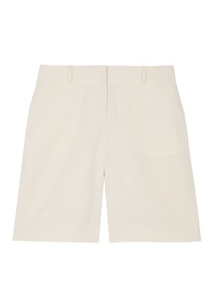 Beige knælange shorts med bæltestropper, sidelommer og en forreste søm på en ensfarvet hvid baggrund.
